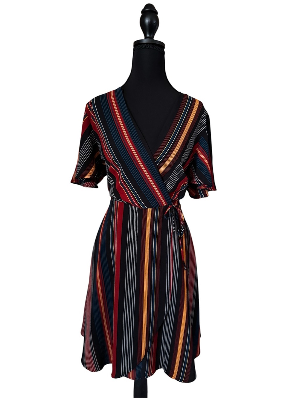 MONTEAU Striped Wrap Dress in Black, Rust, Mustard & turquoise. Size XL JUNIORS